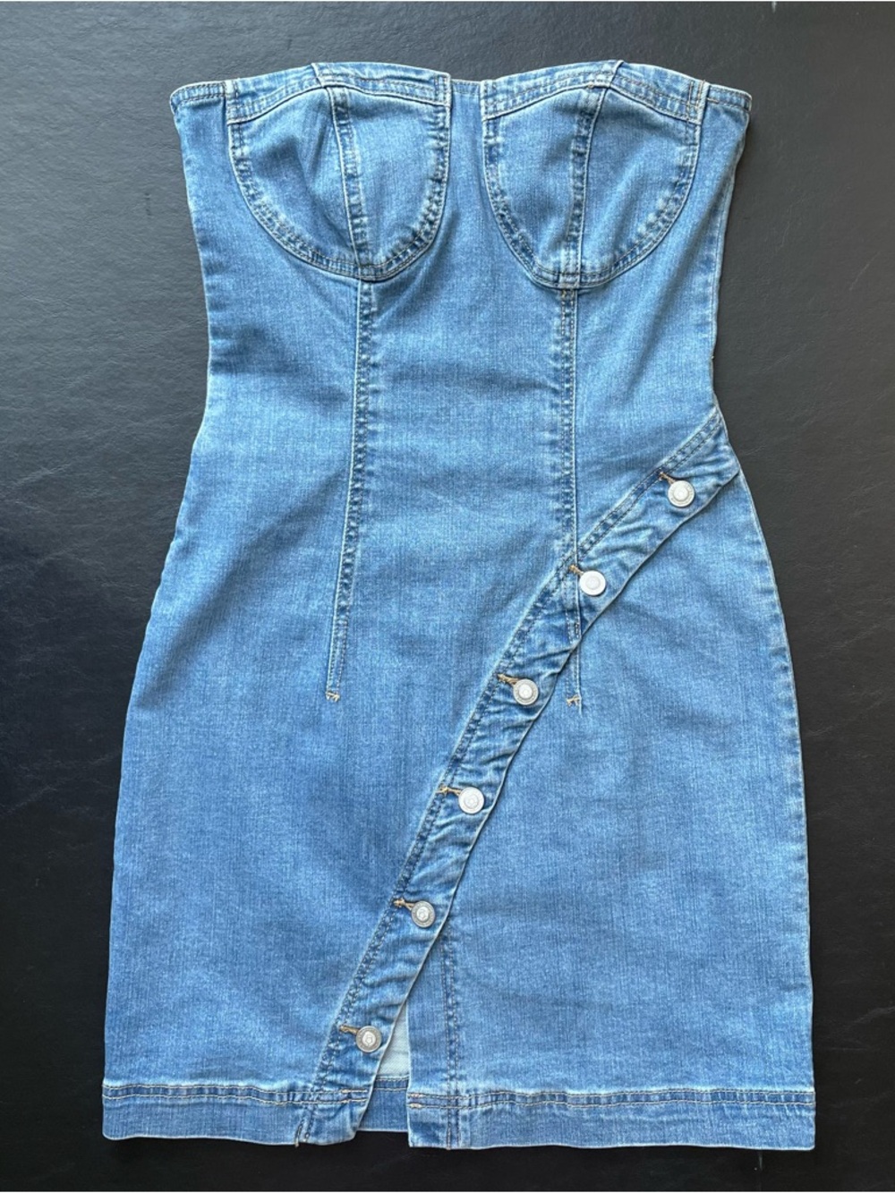 Strapless Denim Mini Dress in Light Blue with Diagonal Button Detail